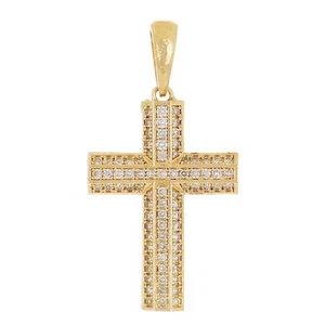 14k Yellow Gold 0.81ctw Diamond 3 Row Cross Pendant 1.5" 4.6 grams - Picture 1 of 5