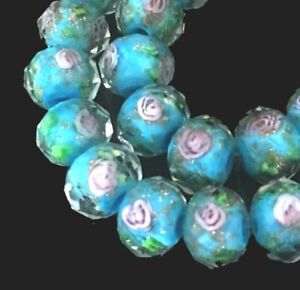 14 Czech Glass Faceted Rondelle Beads - Turquois Blue Encased Rose Flower 10x7mm