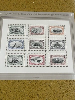 Sheet Of 9 Stamps1998 Bi-Color Re-Issue of Trans-Mississippi Stamp Designs $1.00 - Image 1 of 4