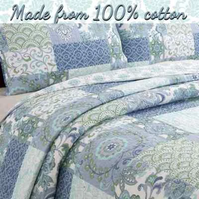 NEW! ~ COZY SHABBY CHIC COTTAGE BLUE AQUA SAGE GREEN TROPICAL BEACH  QUILT SET - Image 1 of 4