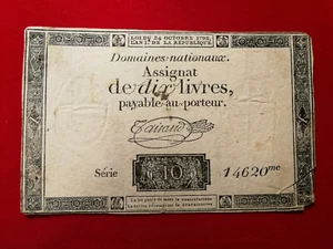 ASSIGNAT de DIX 10 LIVRES / Loi du 24 octobre 1792 / Série 14620 / signé Taisaud - Imagen 1 de 2