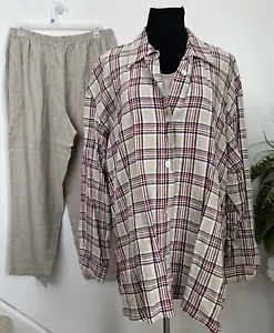 New Susan Graver Beige Check Boho Linen Breathable Shirt 3pc Pant Set Sz 2X - Picture 1 of 11