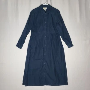 LL Bean Corduroy Dress Petite 14P Blue Button Collar Pocket Long Sleeve Midi - Picture 1 of 9