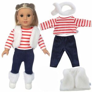Doll Clothes Red Striped Top White Vest Scarf Blue Jeans For American Girl 18"