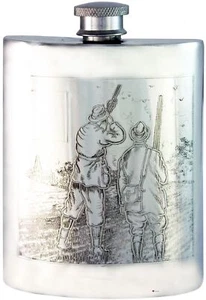 Pewter Hip Flask Hunting Game Picture Scene Kidney Engravable 6oz Screw Top - Picture 1 of 5