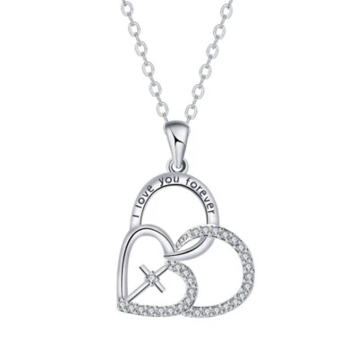 European Women Heart to Heart Cross Pendant Necklace Chain Jewelry Silver Plated - Image 1 of 4