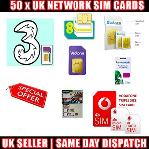 50 x UK Network Sim Cards O2 EE Vodafone Three Lyca Lebara Giffgaff VOXI Lot