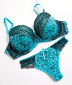 Aqua W/Black Lace Paisley Underwire Bra & Panty Lingerie Sissy Hot Sexy Size 36D - Picture 1 of 5