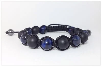 HERREN Matt Schwarzer Onyx Blau Tigerauge Edelstein Perlen Shambhala Armband - Bild 1 von 2