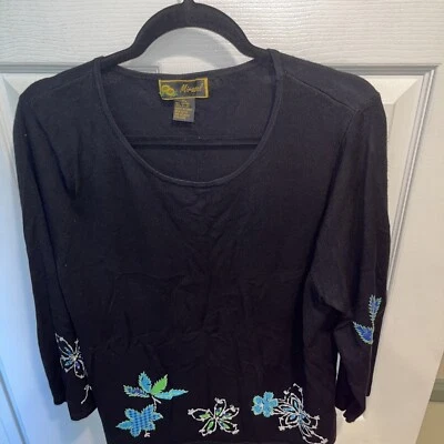 MIRASOL WOMANS BLOUSE / XL / Black With Leaves & Flowers  - Image 1 of 4