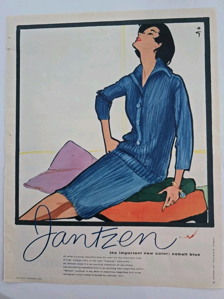 1958 Womens Jantzen Cobalt blue sweater skirt Rene Gruau vintage fashion Art ad  - Image 1 of 1