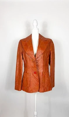 1970-е Burnt оранжевый лоскутное одеяло кожаный блейзер куртка - Изображение 1 из 4
