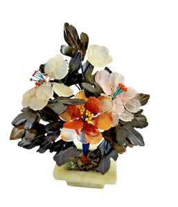 ALBERO BONSAI VINTAGE CINESE GIADA E PIETRA AGATA FIORI alto circa 5,5" 1980 - Foto 1 di 9
