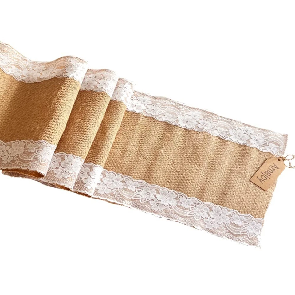 Amajoy AmaJOY1pc 12x70 Inch 30cmx 180cm Jute Burlap and White Lace Table Runner