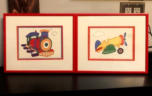 Vtg 2 Carol Robinson's Art Prints Train & Airplane Children Framed Matted in Red - Picture 1 of 10