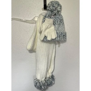 3 PC Scarf hat gloves set for girls gray and off white - Picture 1 of 5