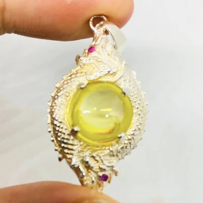 黄色圆形纳迦眼2头吊坠925银首饰泰国护身符富裕 — 第 1/4 张图片