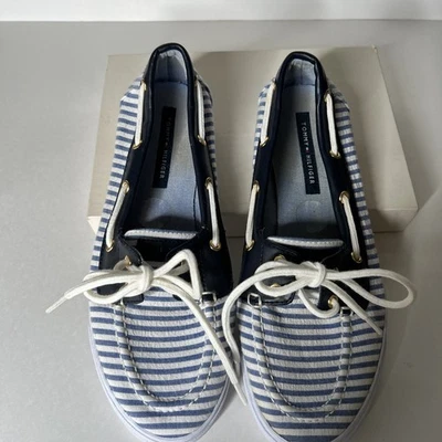 Sapatos de barco listrados azul branco Tommy Hilfiger sapatos baixos patriótico tamanho 8 - Imagem 1 de 4