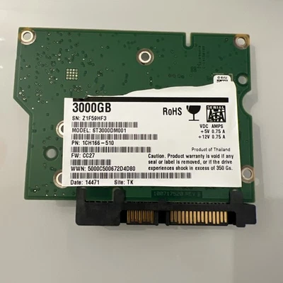 Disco duro Seagate PCB 100717520 REV B ST3000DM001 P/N: 1CH166-510, FW: CC27, sitio: TK Foto 1 de 4