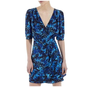 The Kooples 100% Silk Faux Wrap Dress In Blue Firework Print Size 3 US Lg - Picture 1 of 9
