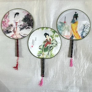 Lot of 3 Japanese Silk like w/bamboo handle paddle fans New - Picture 1 of 7