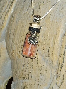 Pendent glass jar w/Carnelian chips on 2mm sterling necklace 16-30", and leather - Picture 1 of 3