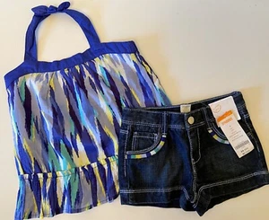 NWT Girls 4 GYMBOREE “SPARKLE SAFARI” Cotton BLUE HALTER & DENIM SHORTS 2pc Set - Picture 1 of 4