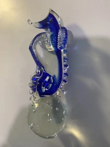 Blown Glass Cobalt Blue And Clear Seahorse Paperweight 7” - Picture 1 of 4
