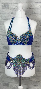 Arabic Belly Dancing Blue Sequinned Bra and Belt Size XS (PG131F03) - Picture 1 of 8
