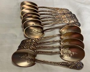 EGLANTINE BY GORHAM FULL SET OF 12 STERLING/GW ICE CREAM SPOONS W/ STRAWBERRY 6" - Picture 1 of 10