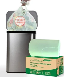 13 Gallon Flap Tie Compostable Trash Bags, 50 50 Count (Pack of 1), Green - Picture 1 of 7