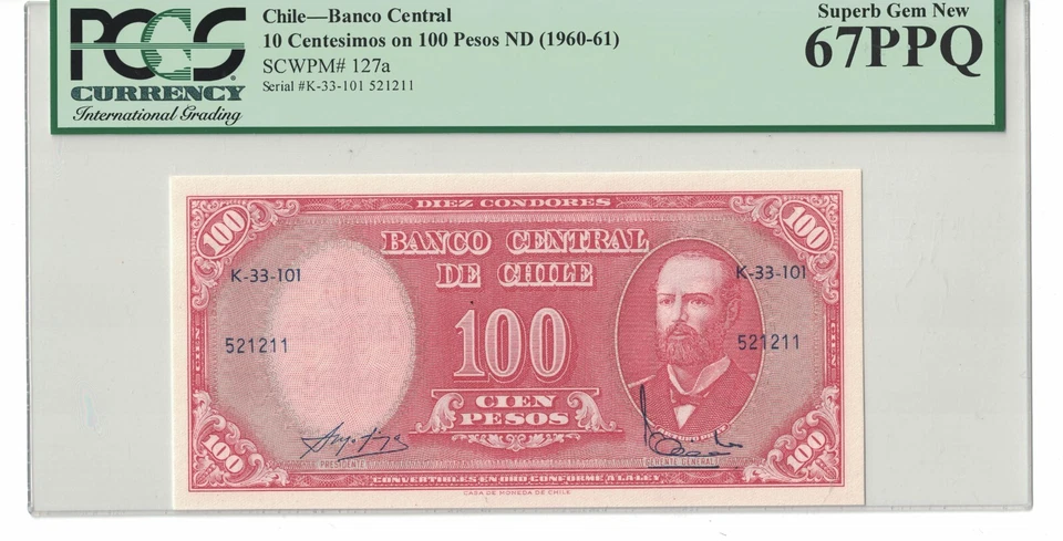 CHILE 10 Centesimos on 100 Pesos 1960-61 Pick# 127a PCGS: 67 PPQ. #PL2149 - Image 1 of 2