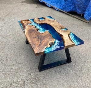 Wood Wavy Blue Epoxy Table, Dining Table, Resin River Table, Live Edge Epoxy top - Picture 1 of 9