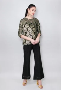 80's Vintage Gold Lurex Black Net Semi Sheer Ruched Floral Top Blouse Small - Picture 1 of 4