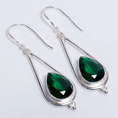 Pendientes étnicos hechos a mano de plata de ley 925 con piedras preciosas de diopsido de cromo 2" n500 Foto 1 de 4