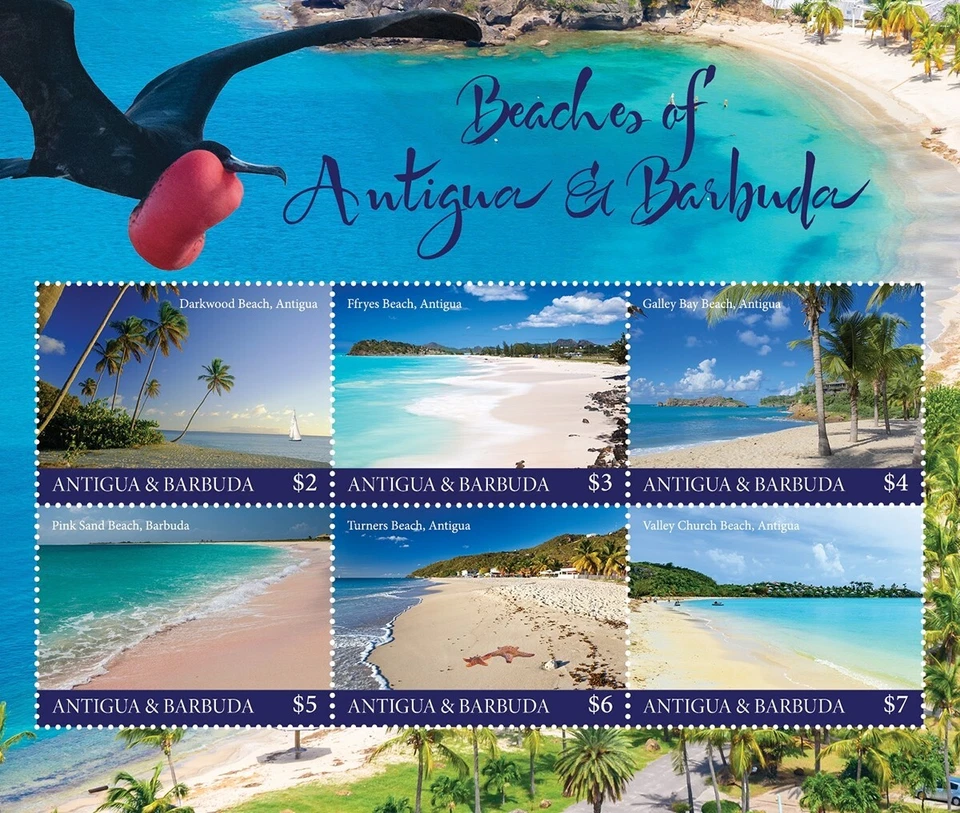 BEACHES of ANTIGUA and BARBUDA Nature/Birds/Sea Landscapes Stamp Sheet (2019) - Image 1 of 1