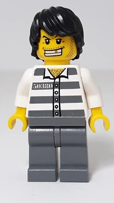 Lego Jail Prisoner Minifigure Stubble Beard Gold Tooth Stripe Shirt Tousled Hair - Image 1 of 2