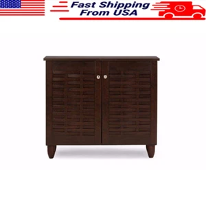 Modern Dark Brown Wood 2-Door Shoe Storage Cabinet Organizer 9 Pairs Shelf New - Picture 1 of 4