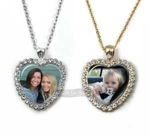 Personalized Custom Photo Rhinestone Heart Pendant Necklace in Silver or Gold - Picture 1 of 14