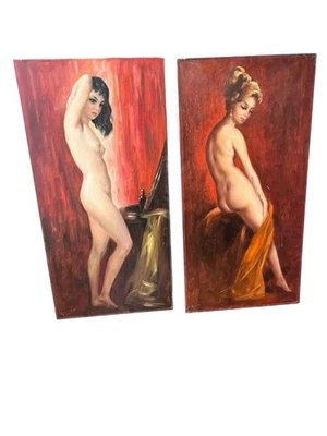 Pair Vintage Large 1960’s Oil Paintings On Canvas Of Beautiful Nude Women France - Image 1 of 4
