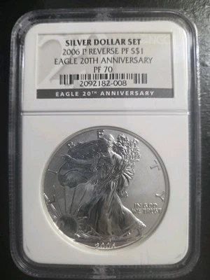 2006 P REVERSE PROOF AMERICAN SILVER EAGLE NGC PF70 20TH ANNIVERSARY DOLLAR SET  - Image 1 of 4