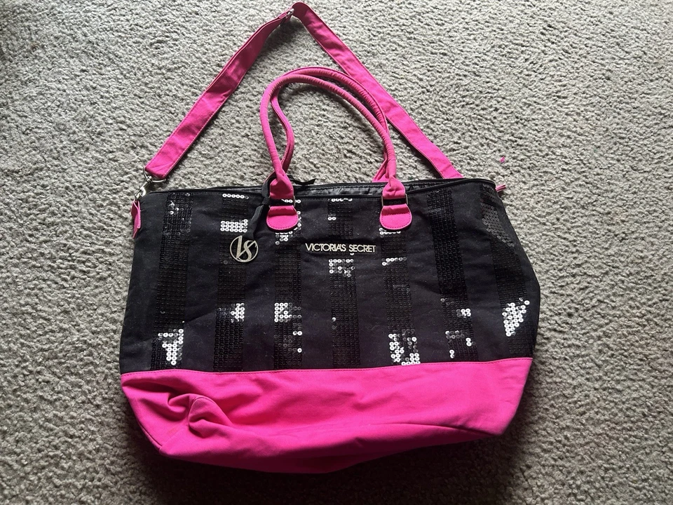 "Bolso de Mano Victoria's Secret Weekender Grande Negro Rosa con Lentejuelas Bling 23"" de Largo" Foto 1 de 4