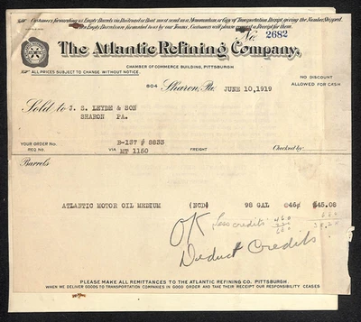 Atlantic Refining Company Sharon, PA 3 1919 recibos + hoja de cubierta de contabilidad Foto 1 de 4
