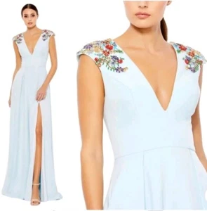 Mac Duggal $538 Size 16 Beaded Cap Sleeve Powder Blue Vneck Aline 26540 Gown - Picture 1 of 8