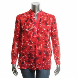 ANNE KLEIN Size 14 Long Sleeve Printed Chiffon Blouse Shirt Top RED - Bild 1 von 2