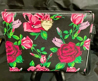 Betsey Johnson Rosa y Rojo Color Rosas Sobre Negro Bolso Cosmético Foto 1 de 4