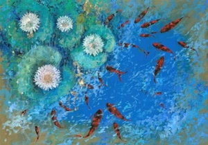 ceramic tile mural backsplash. medallion pool. Pond with koi fish, lily flowers - Picture 1 of 10
