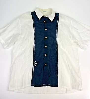 Bamboo Cay Fine Resort Wear 短袖纽扣黑色和奶油色男式 L 码 — 第 1/4 张图片