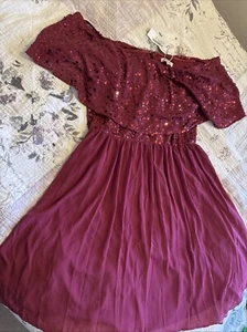 Boohoo 28 Sequin Dress Bardot Berry Evening Party Prom Bridesmaid Midi New+tags - Picture 1 of 14