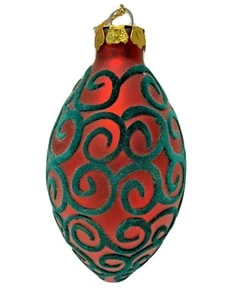 Vtg 5" Frosted Satin Red Glass Teardrop Christmas Ornament w Green Velvet Design - Picture 1 of 6